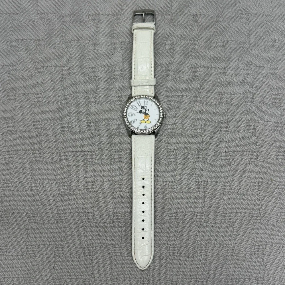 Disney Parks Womens Watch White Dial White Leather Strap Mickey Quartz